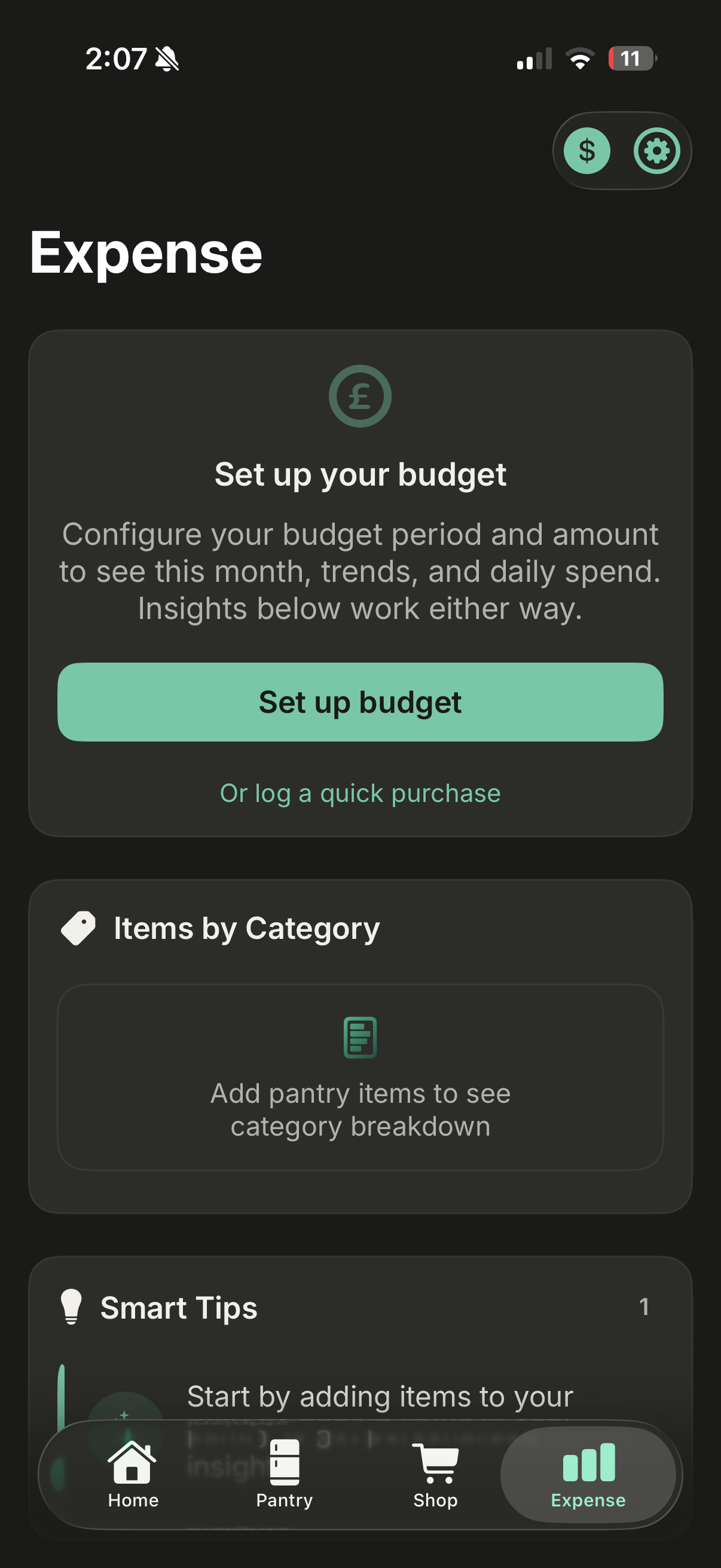 GrubShelf grocery budget tracker showing monthly spend breakdown by category