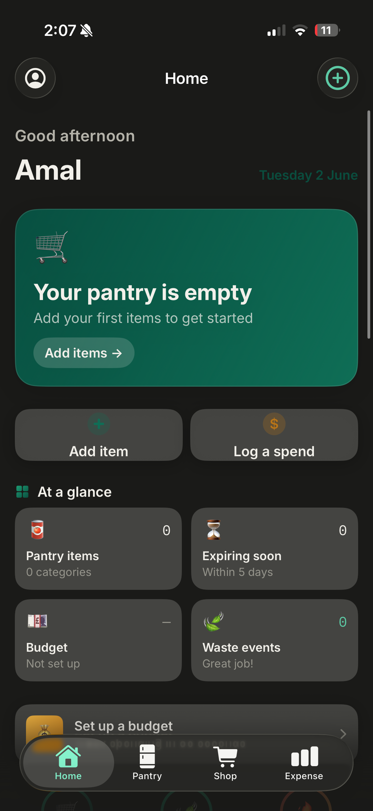 GrubShelf home screen showing pantry overview, expiry alerts, and low-stock items