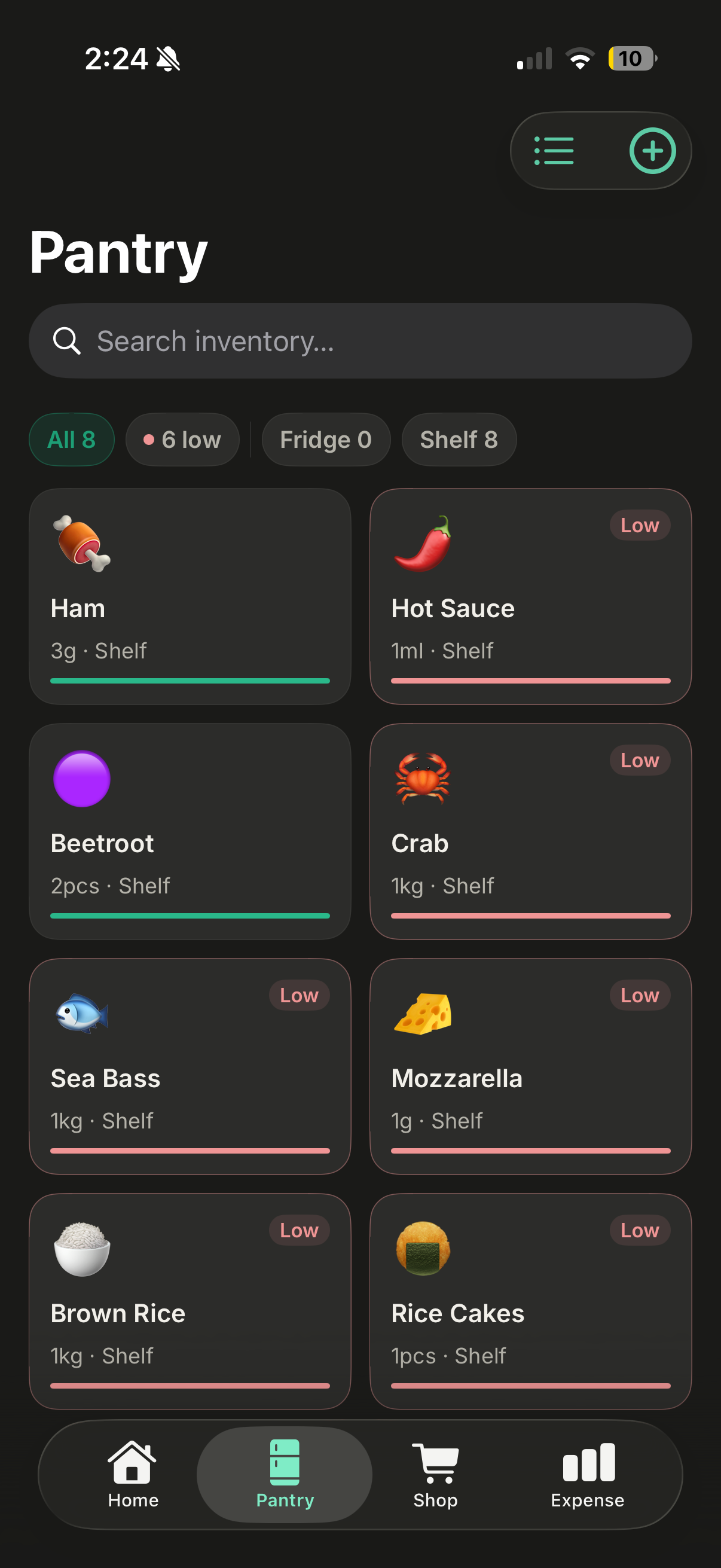 GrubShelf pantry tracker screen showing food items, expiry dates, and barcode scan feature